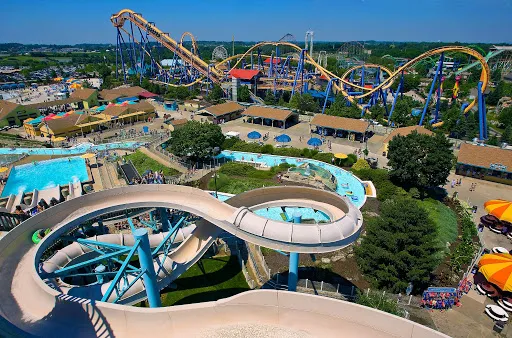 Dorney Park aerial view showing roller coasters and water park